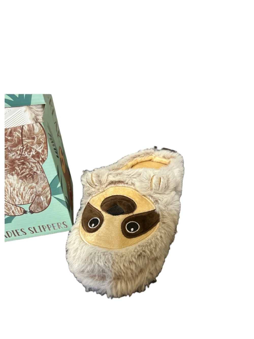 Novelty Sloth Plush Slippers Ladies Medium 6.5-7.5 Tan Faux Fur NWT In Box